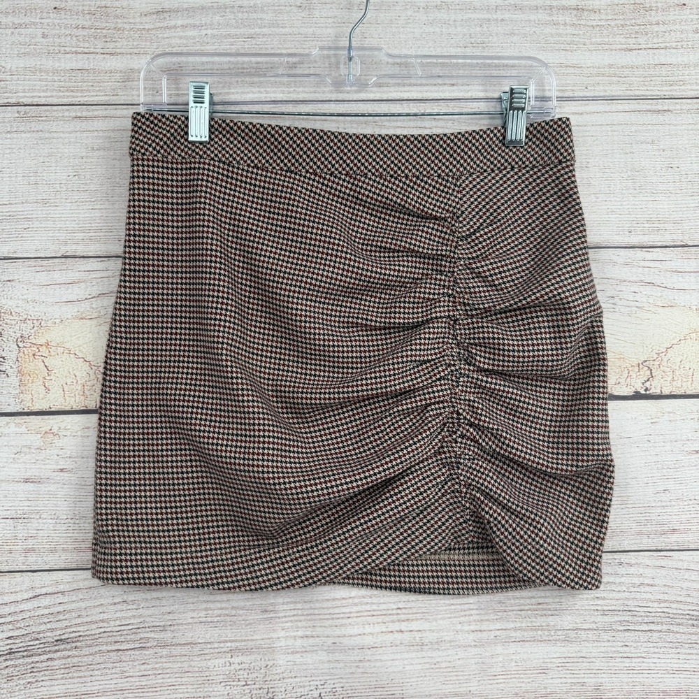 Free People Mini Skirt Women 4 Brown Houndstooth Ruched Side Zip